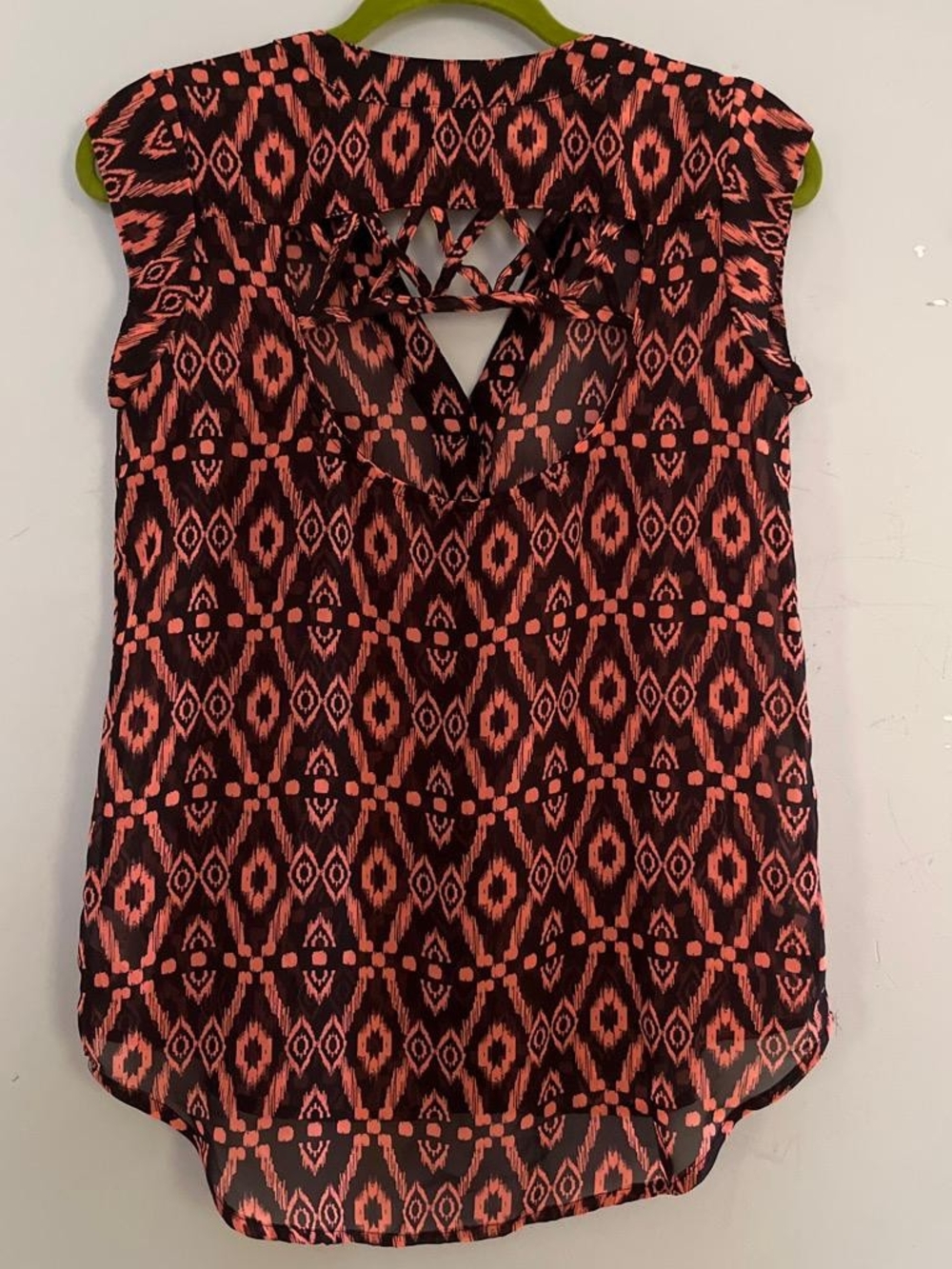 Maurices Coral and Black Ikat Print Lattice-Back Sleeveless Top